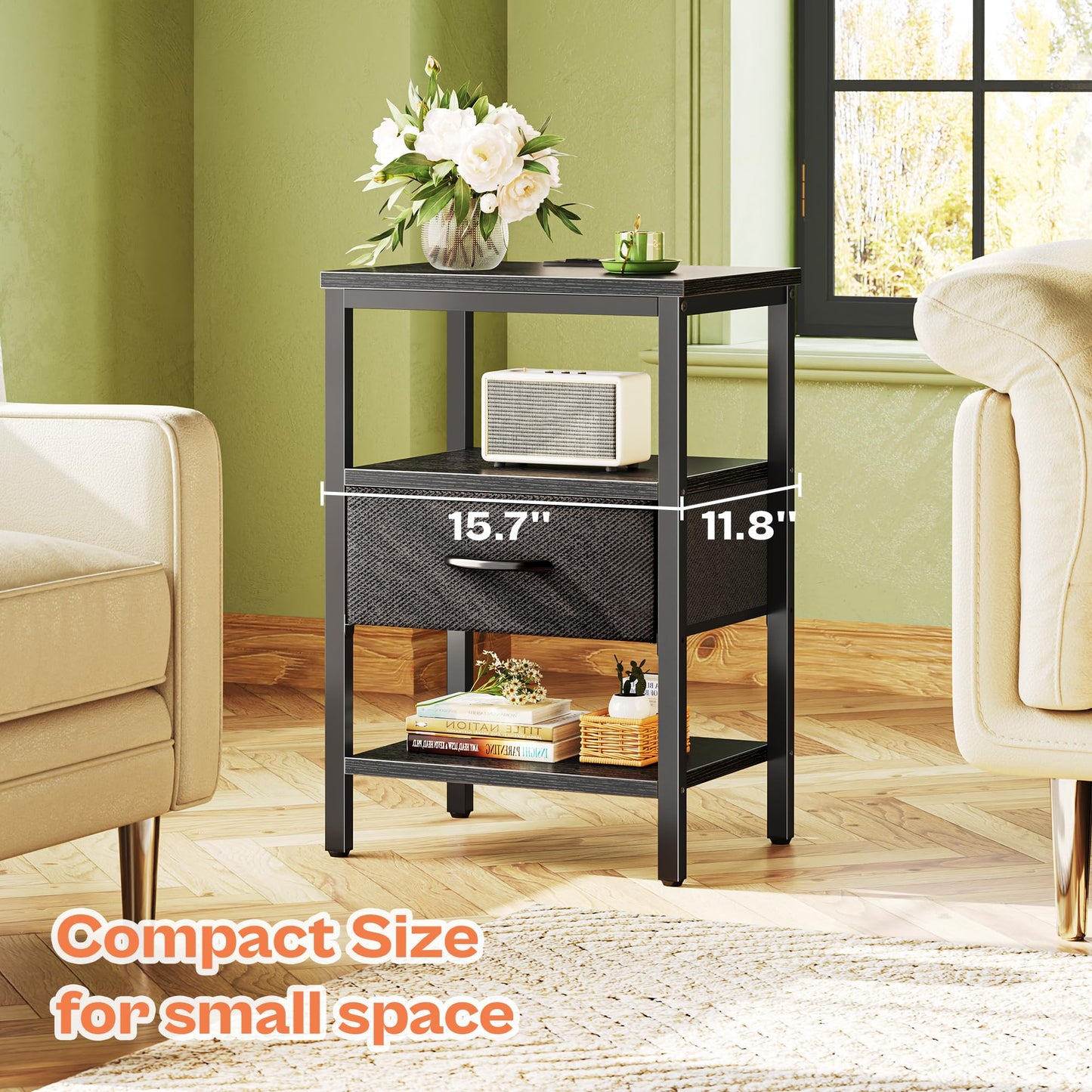 Nightstand with Charging Station and Adjustable Fabric Drawer