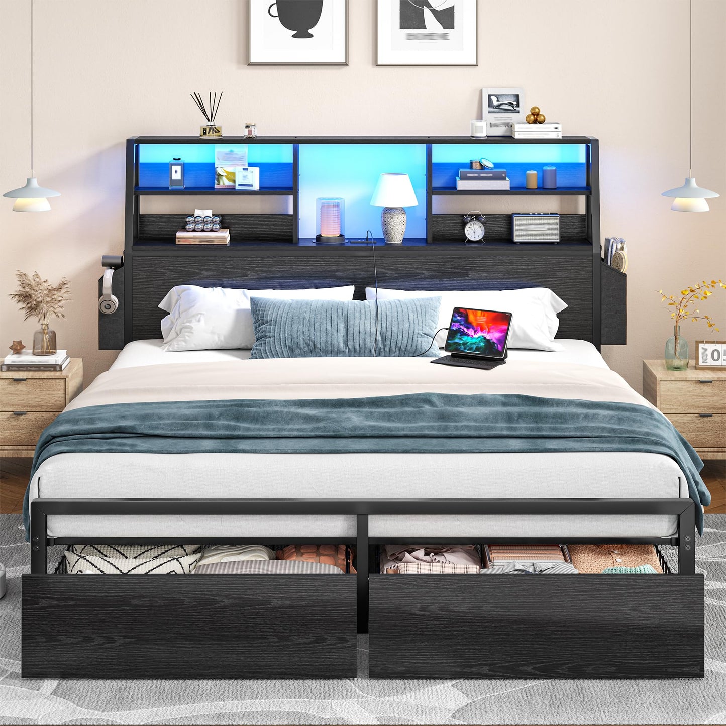 Metal Wood Platform Bed Frame with Headboard & Heavy Duty Support Slats