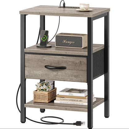 Nightstand with Charging Station and Adjustable Fabric Drawer