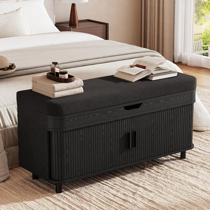 Fluted Shoe Storage Bench with Cushion and Adjustable Shelves for Entryway