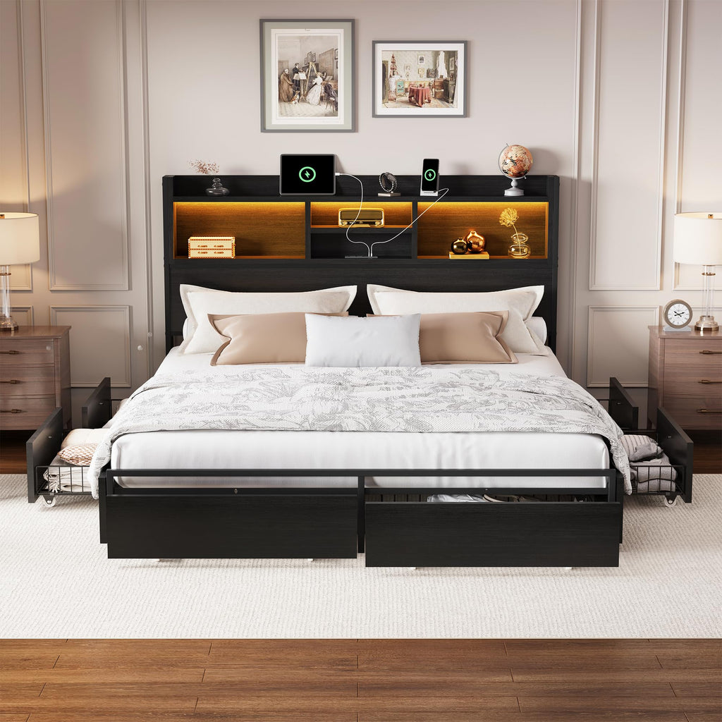 Wooden Platform Bed Frame with Storage Drawers, LED Headboard & Charging Station