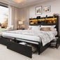 Wooden Platform Bed Frame with Storage Drawers, LED Headboard & Charging Station