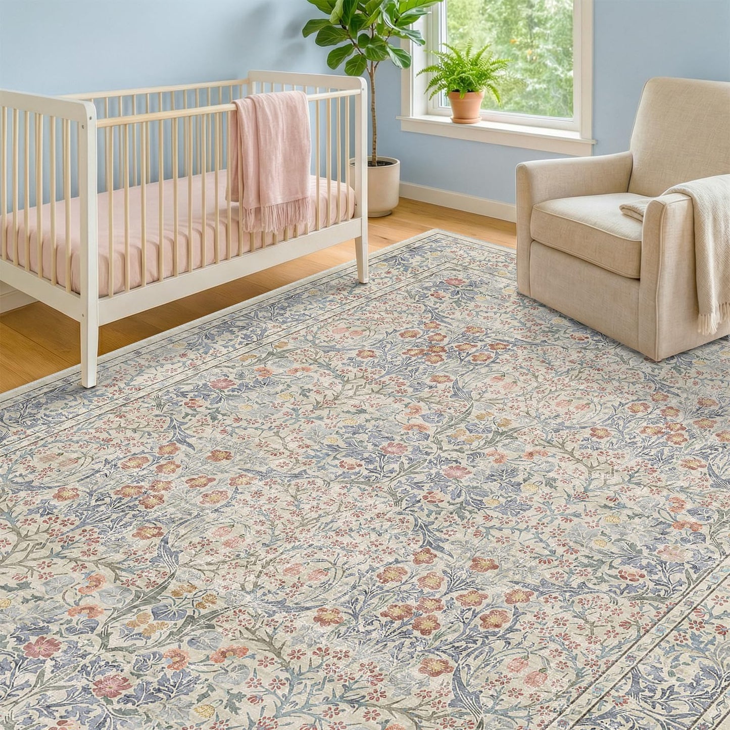 Vintage Washable Area Rug with Non-Slip Low Pile Design for Home Decor