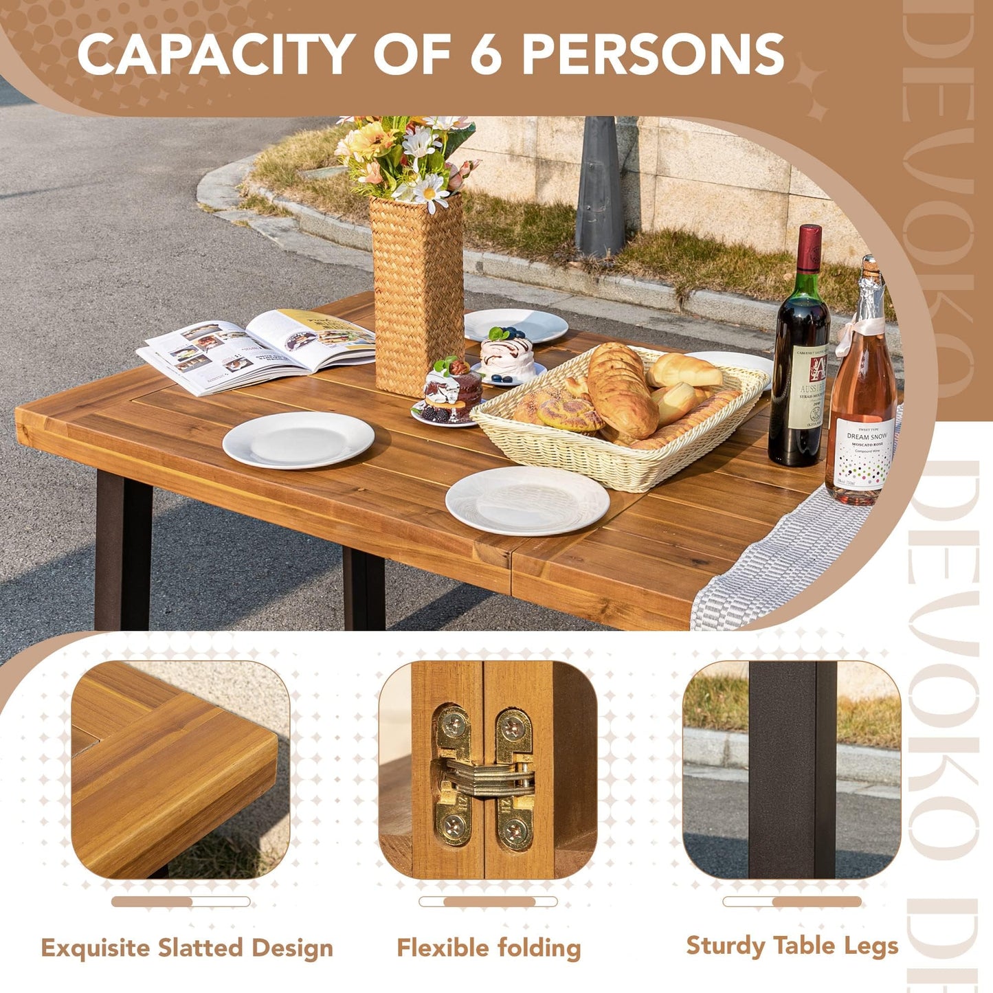 Acacia Wood Dining Table with Iron Legs for Indoor & Outdoor Spaces