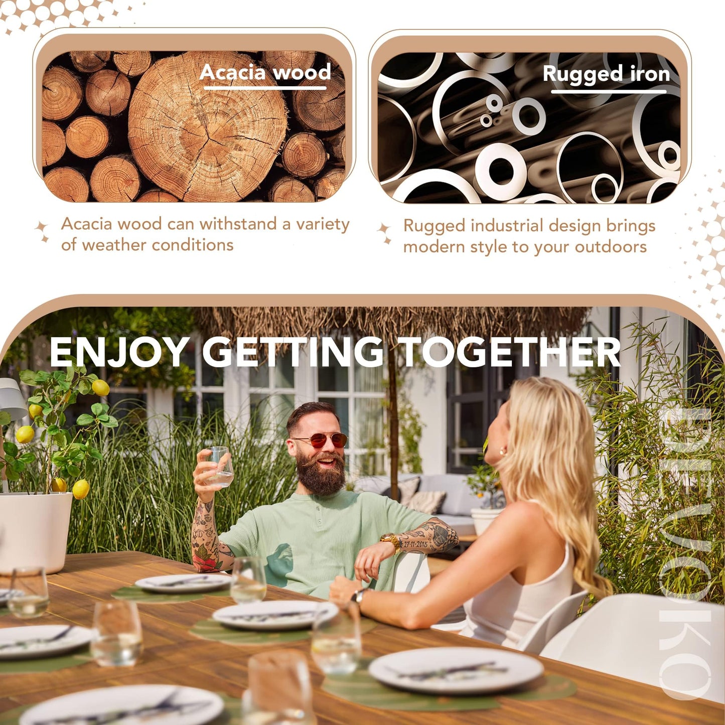 Acacia Wood Dining Table with Iron Legs for Indoor & Outdoor Spaces