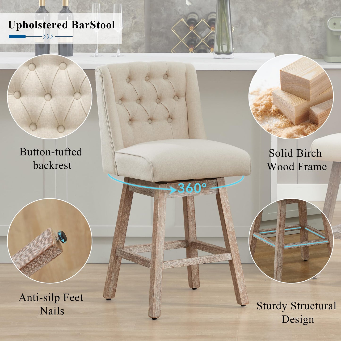 Modern Linen Upholstered Counter Height Bar Stools with Swivel & Wood Legs