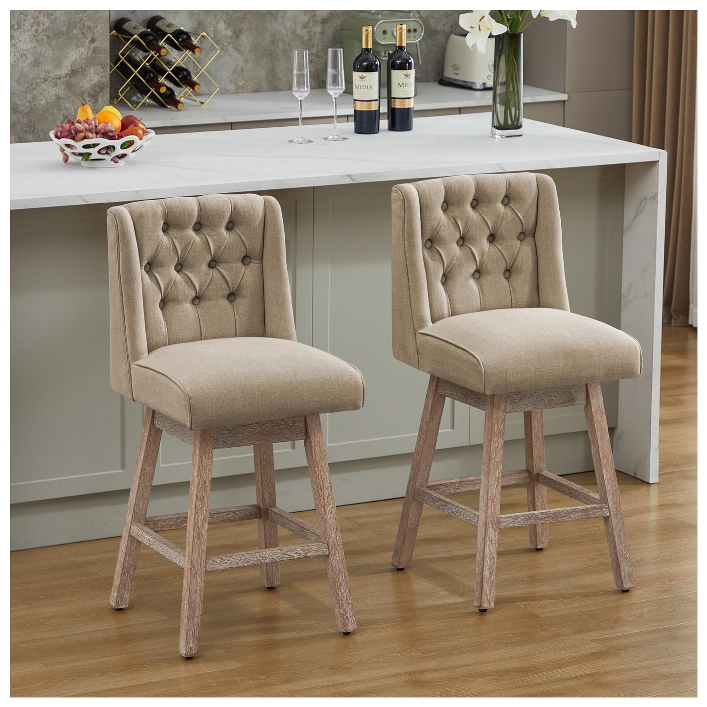 Modern Linen Upholstered Counter Height Bar Stools with Swivel & Wood Legs