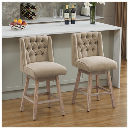 Modern Linen Upholstered Counter Height Bar Stools with Swivel & Wood Legs
