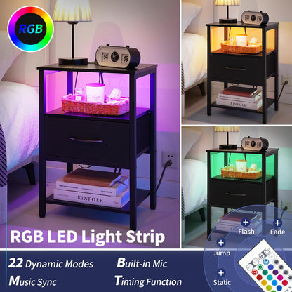 Yoobure End Table with Storage, LED Nightstand with Charging Station