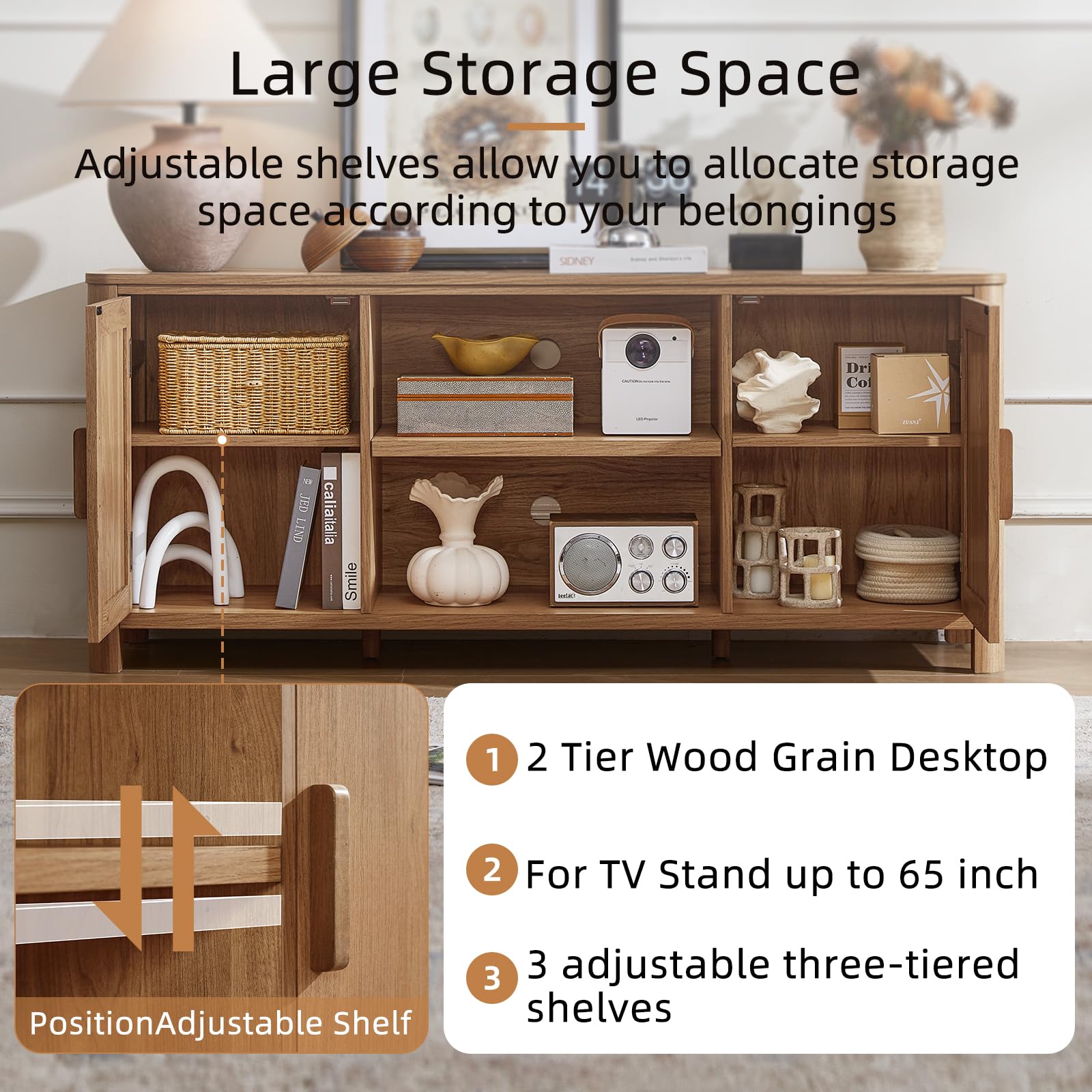 Farmhouse TV Stand with Adjustable Shelves for Living Room Storage