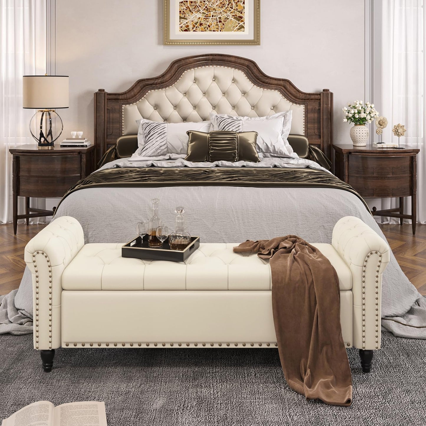 FiveWillowise 65 Inch Faux Leather Bedroom Bench with Storage