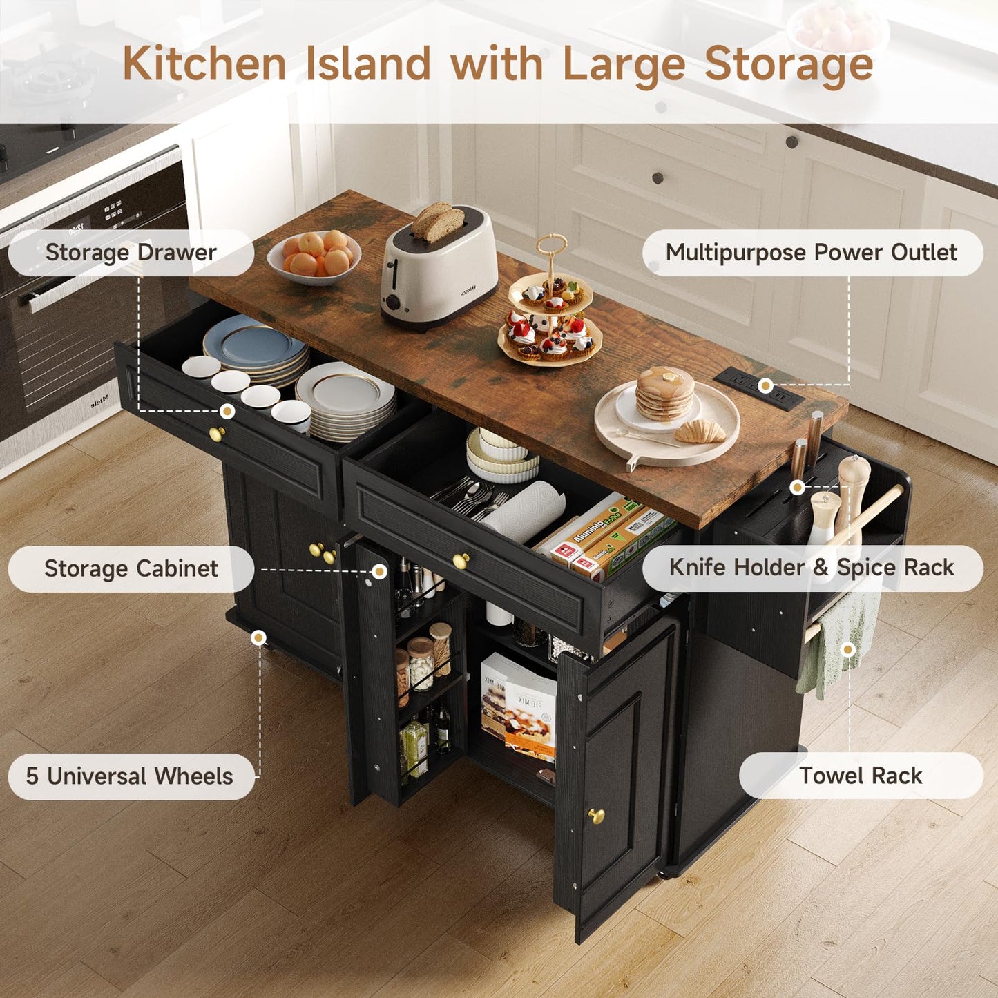 Mobile Kitchen Island Cart with Storage, Power Outlet & Spice Rack Organizer