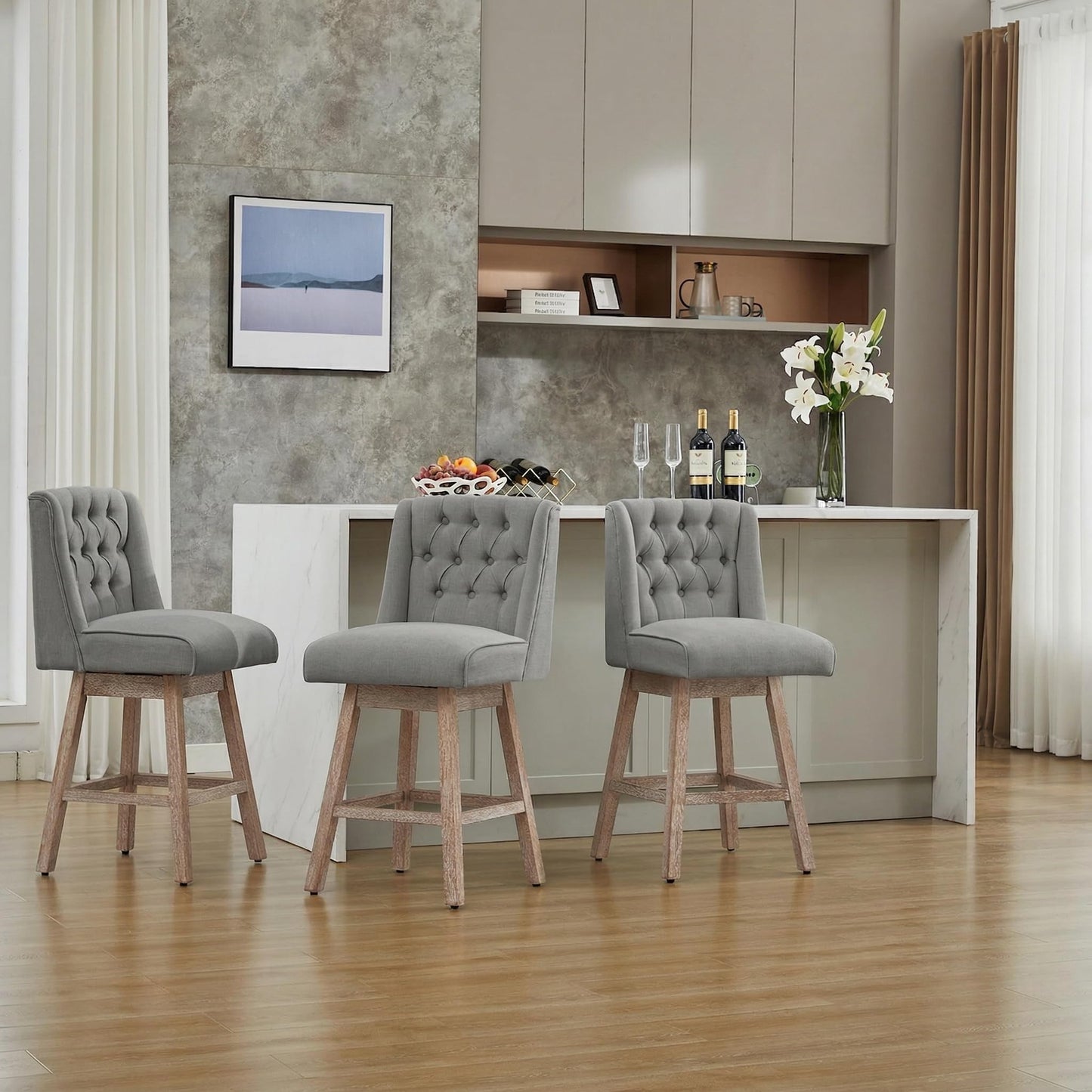 Modern Linen Upholstered Counter Height Bar Stools with Swivel & Wood Legs