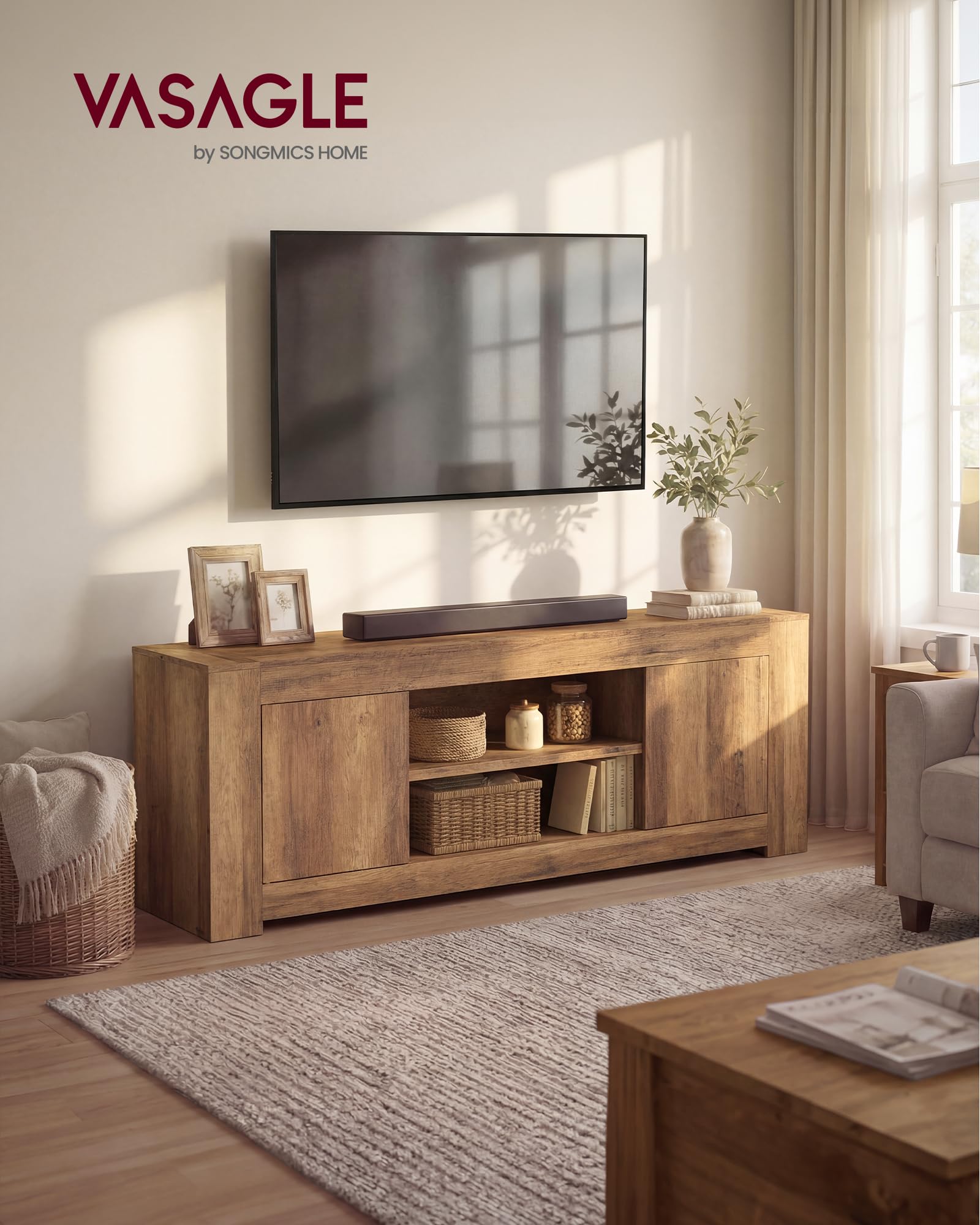 Modern Farmhouse TV Stand with Adjustable Shelves & Storage Cabinets