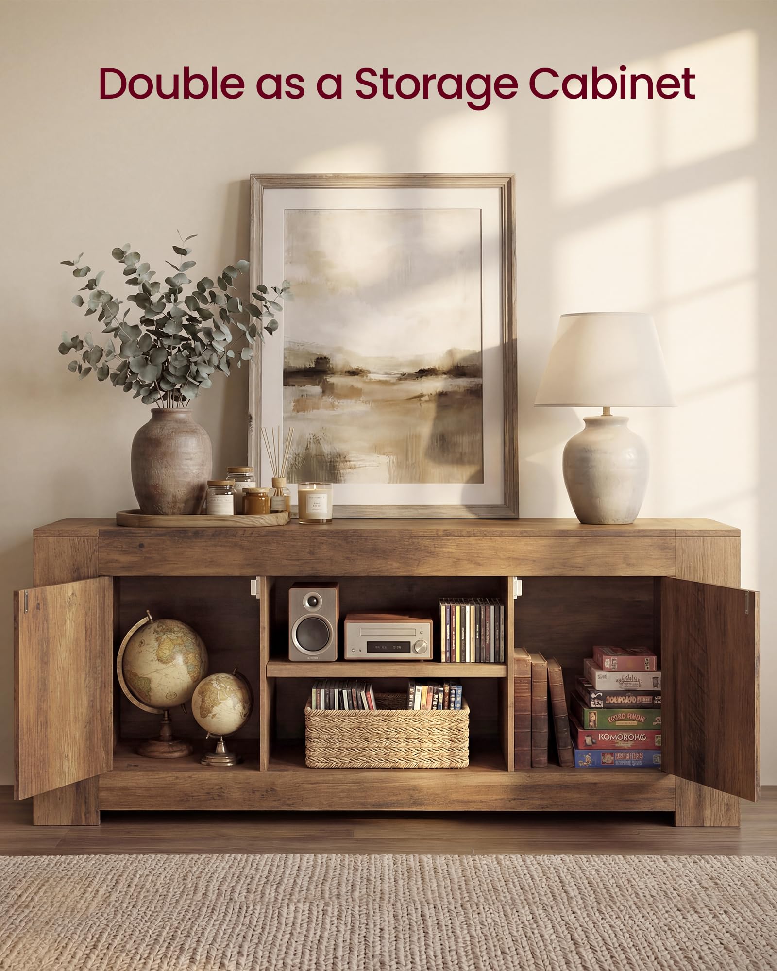 Modern Farmhouse TV Stand with Adjustable Shelves & Storage Cabinets