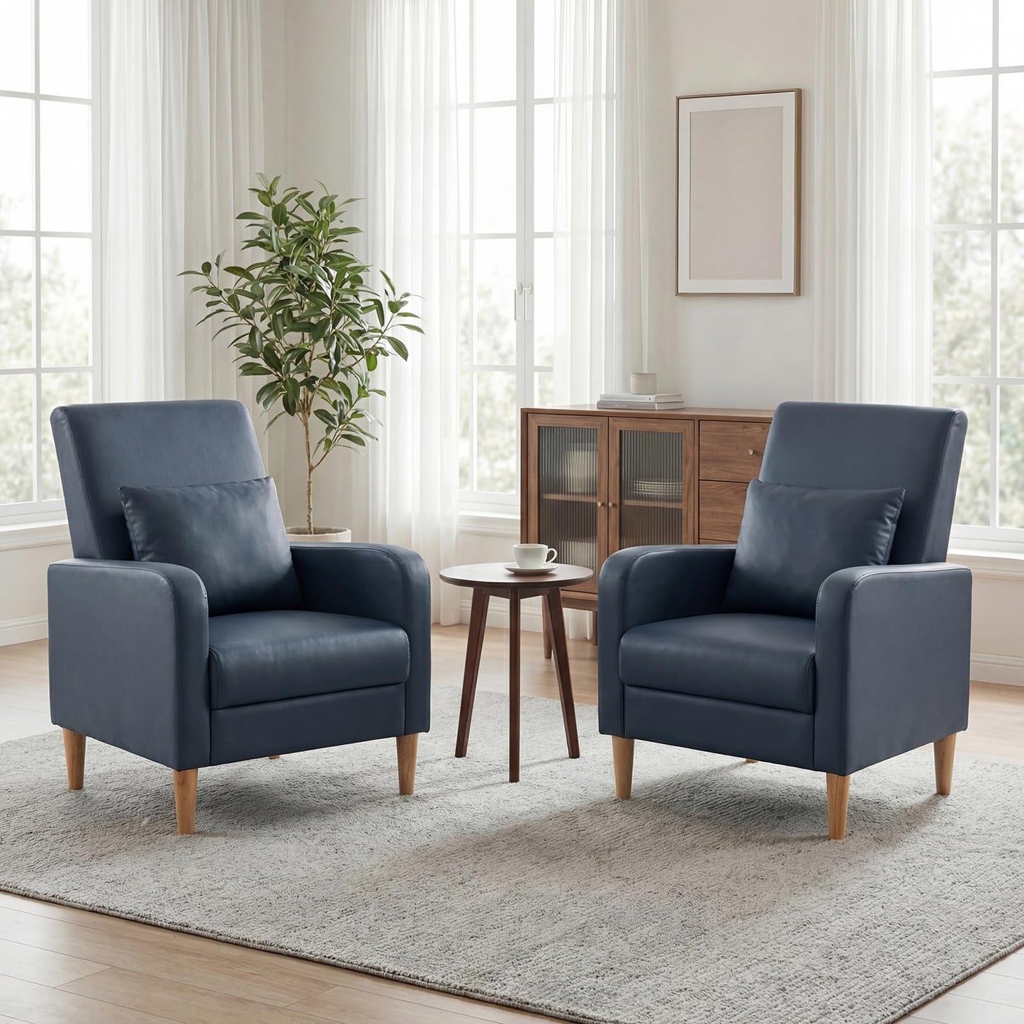 Mid Century Modern Upholstered Accent Chair with Wood Legs & Pillow