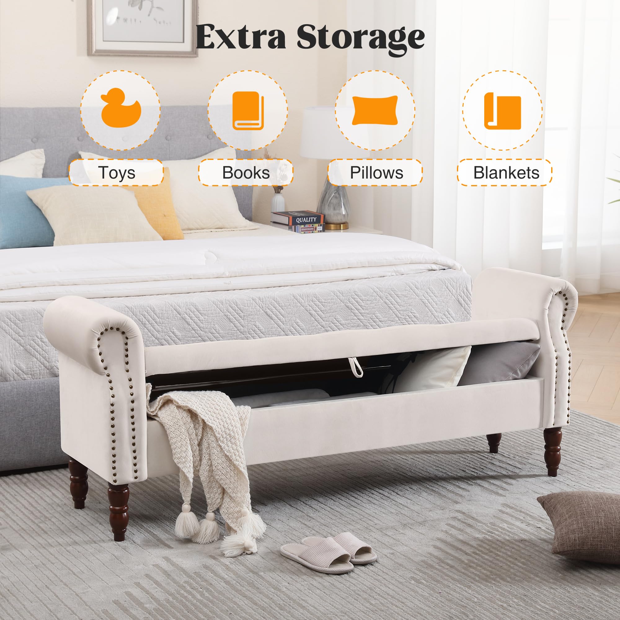 Velvet Storage Bench with Tufted Upholstery and Hidden Storage for Bedroom