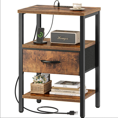 Nightstand with Charging Station and Adjustable Fabric Drawer