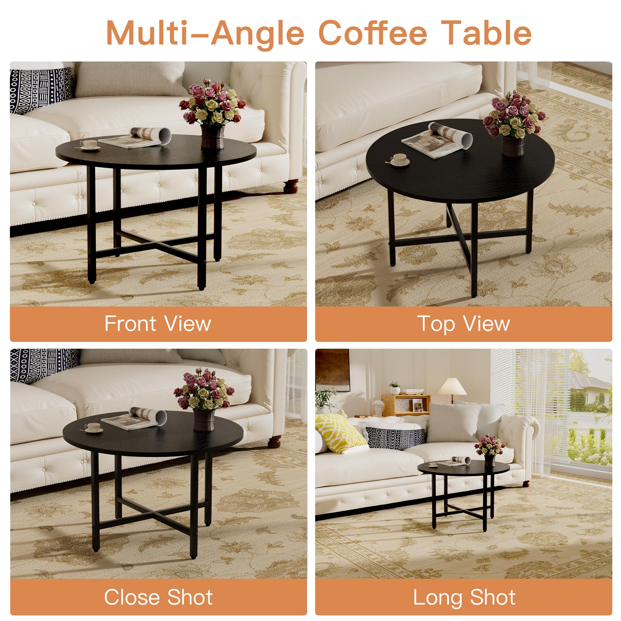 Round Coffee Table with Metal Frame for Living Room & Office