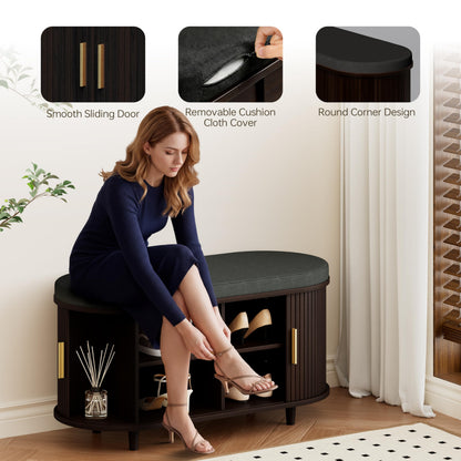 2-Tier Shoe Storage Bench with Padded Seat & Fluted Sliding Doors for Entryway