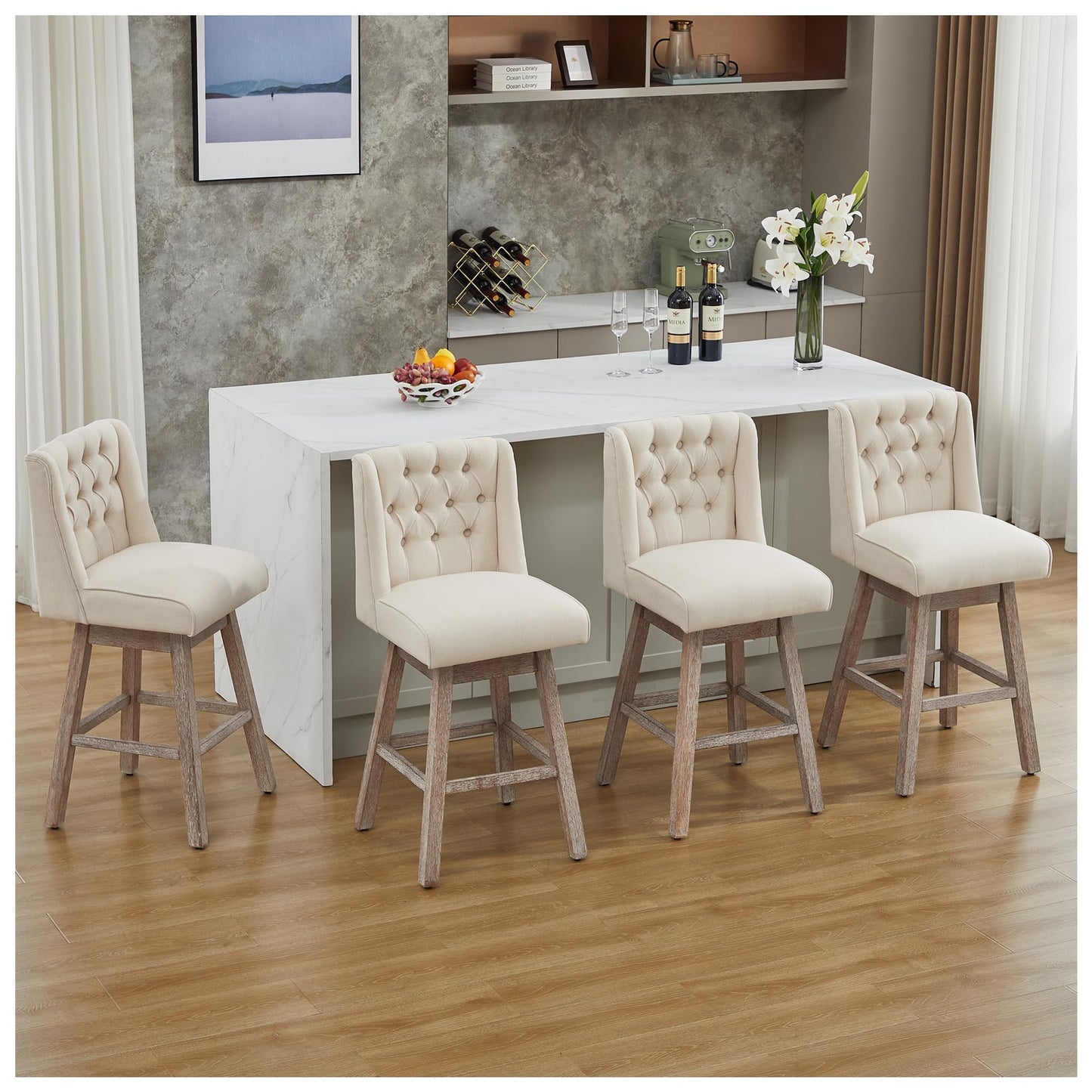 Modern Linen Upholstered Counter Height Bar Stools with Swivel & Wood Legs