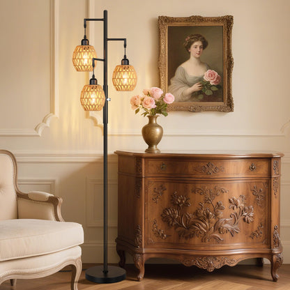 Dimmable Boho Floor Lamp with Rattan Shade for Living Room Decor