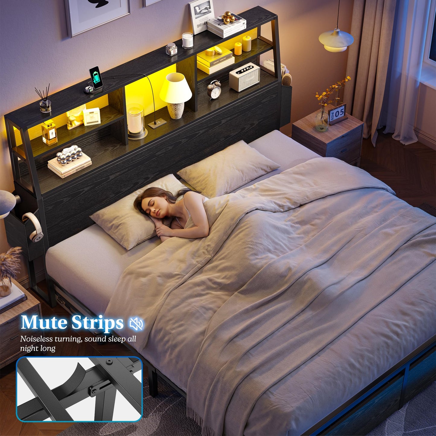 Metal Wood Platform Bed Frame with Headboard & Heavy Duty Support Slats