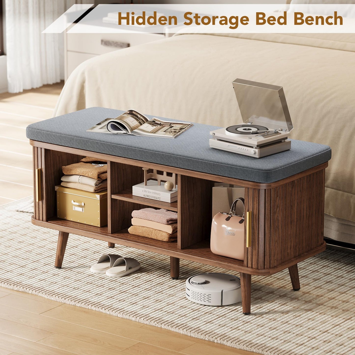 Decofy Storage Bench with Cushion and Sliding Doors