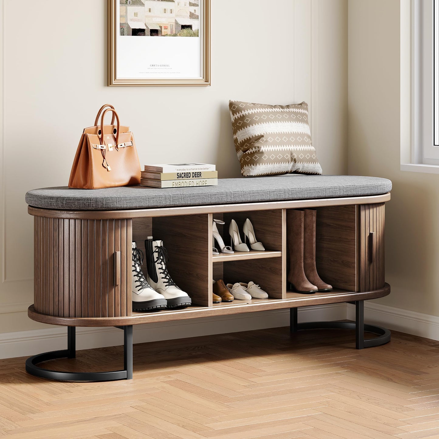 Decofy Storage Bench with Cushion and Sliding Doors