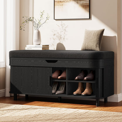 Fluted Shoe Storage Bench with Cushion and Adjustable Shelves for Entryway