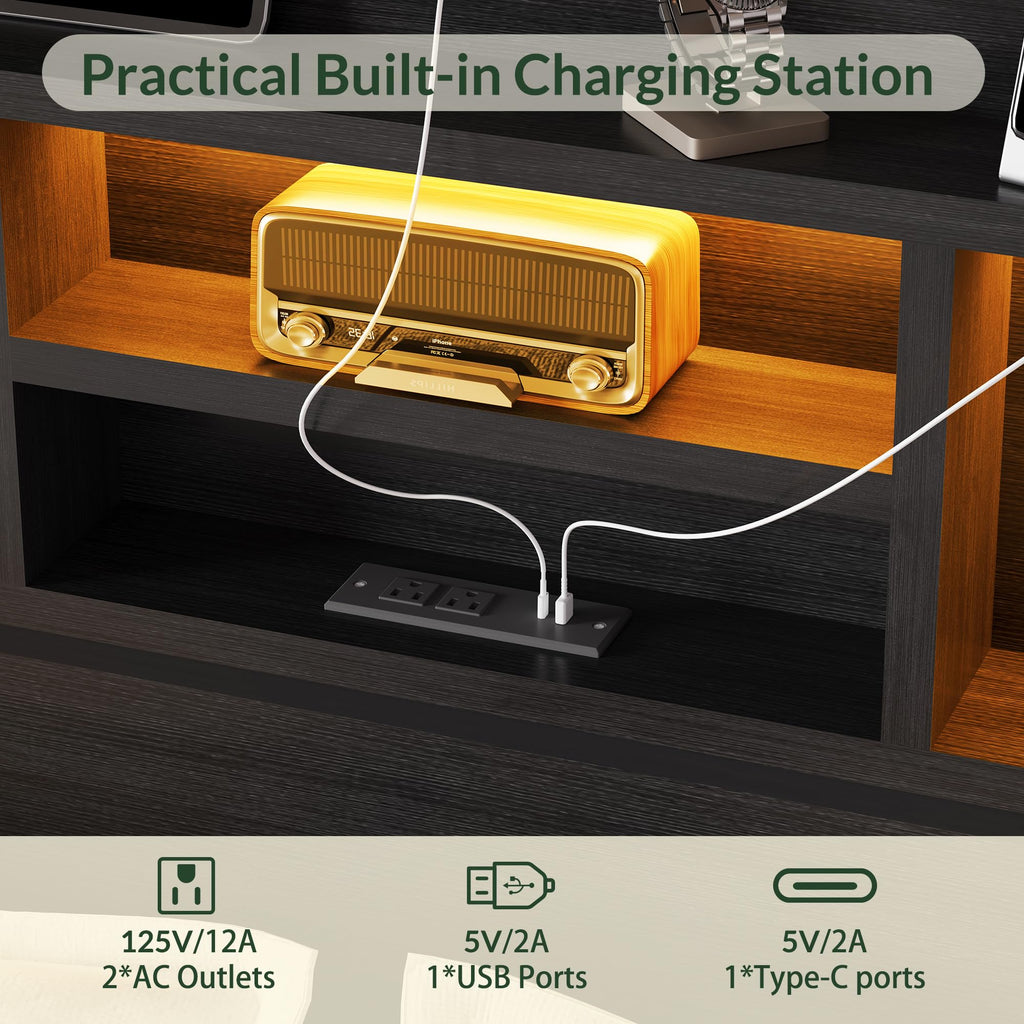 Wooden Platform Bed Frame with Storage Drawers, LED Headboard & Charging Station