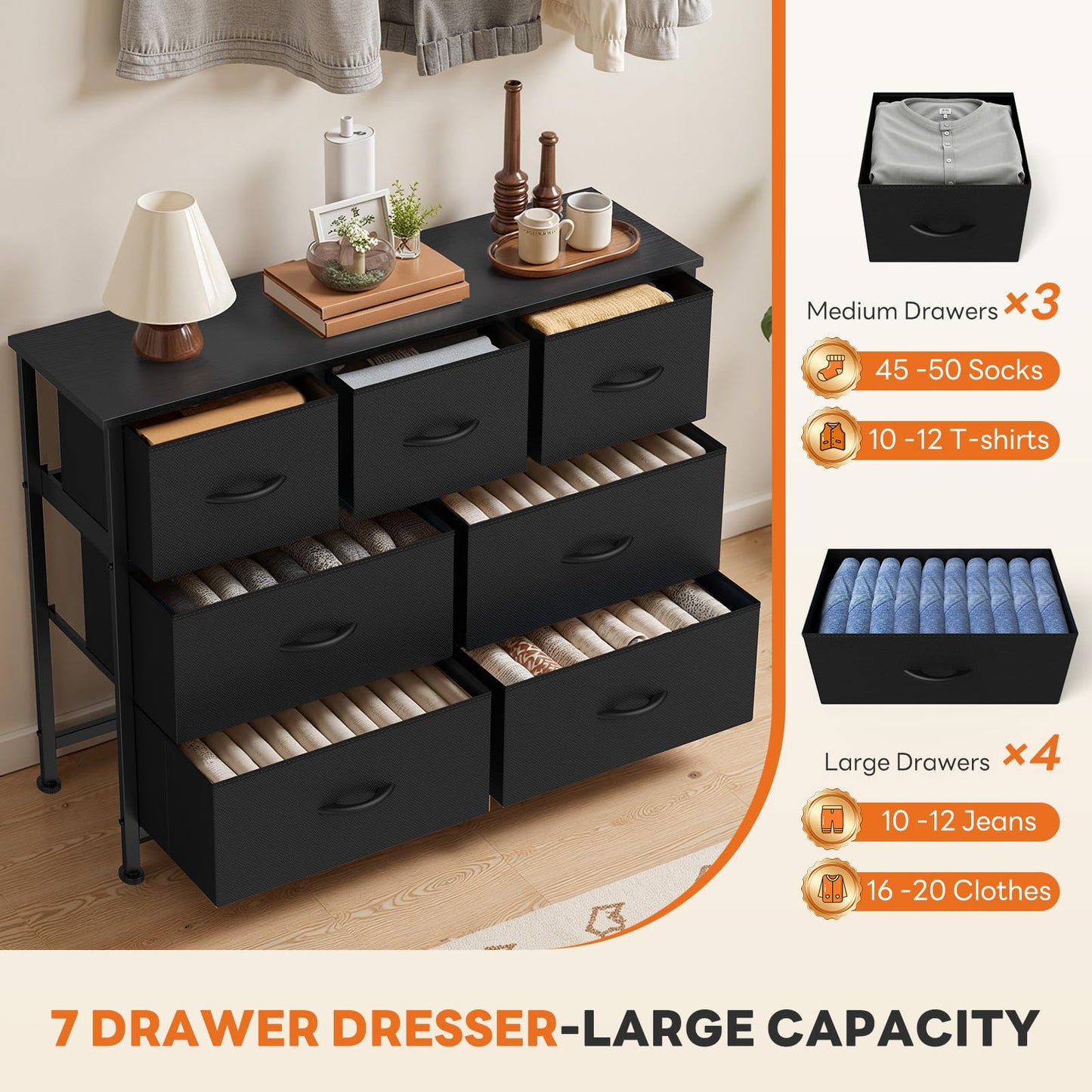 7 Drawer Fabric Dresser with Storage Bins and Steel Frame for Bedroom & Closet