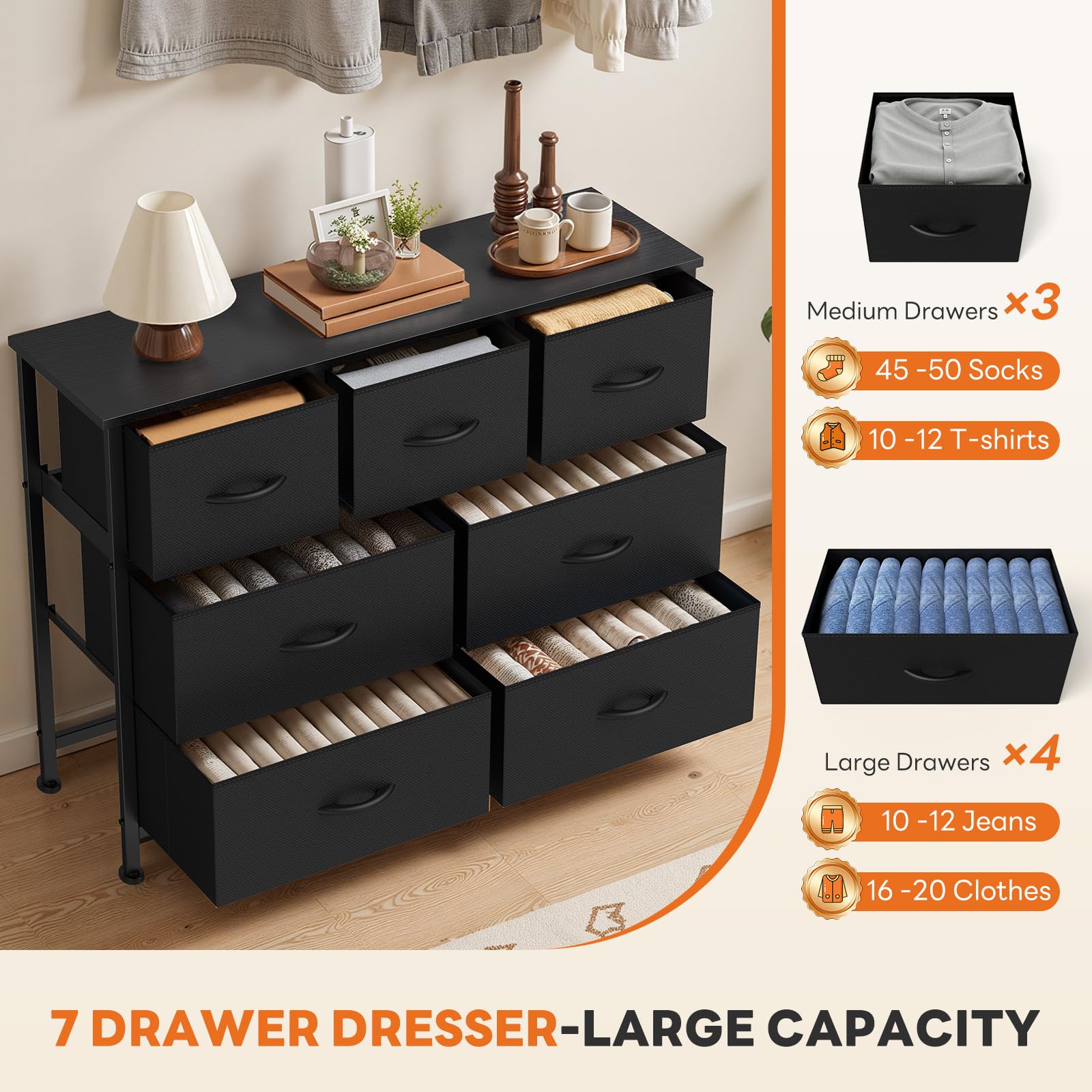 7 Drawer Fabric Dresser with Storage Bins and Steel Frame for Bedroom & Closet