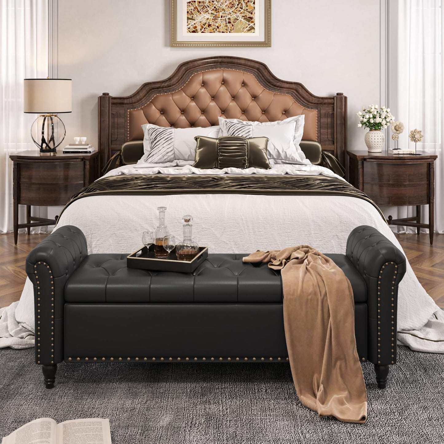 FiveWillowise 65 Inch Faux Leather Bedroom Bench with Storage