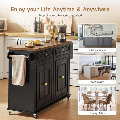 Mobile Kitchen Island Cart with Storage, Power Outlet & Spice Rack Organizer