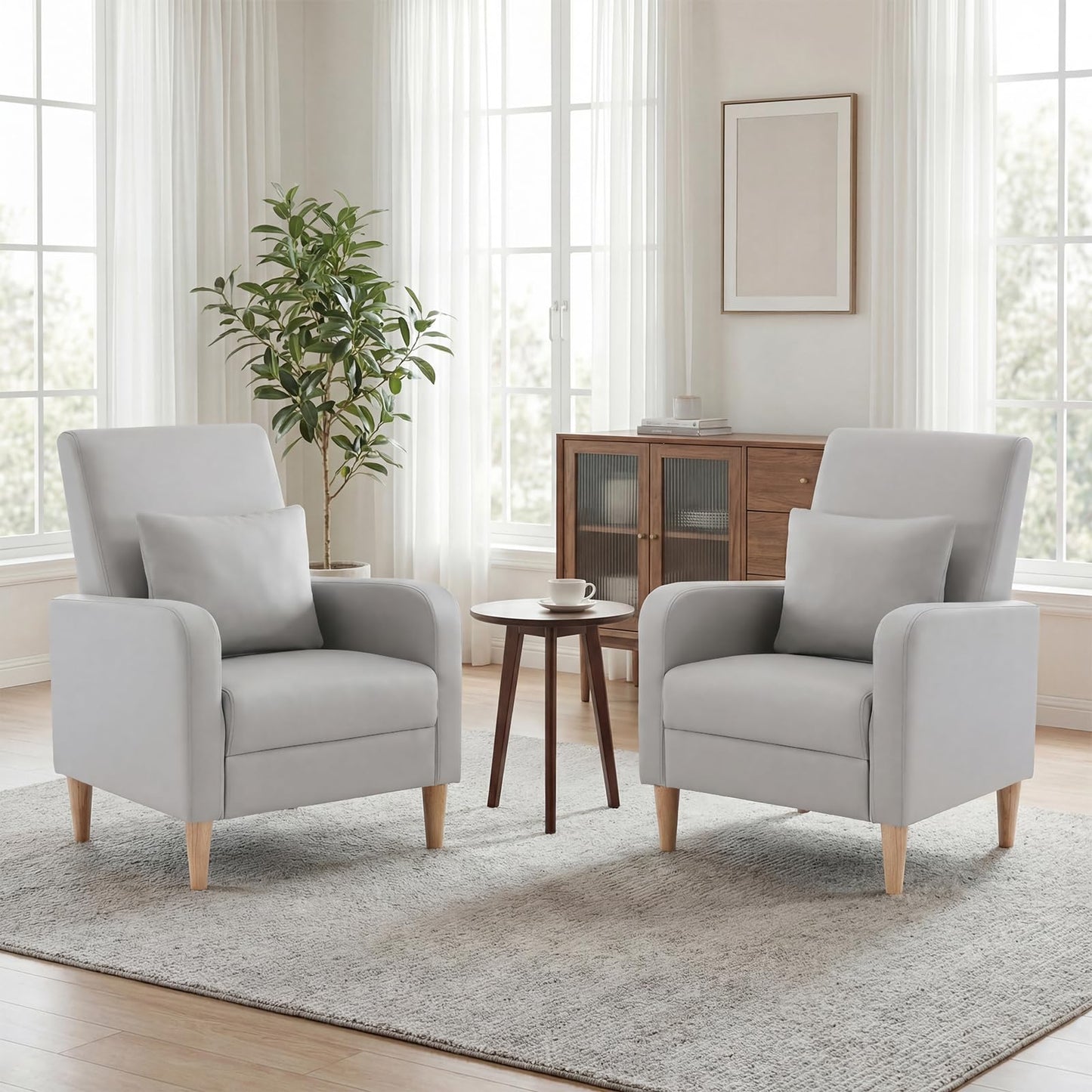 Mid Century Modern Upholstered Accent Chair with Wood Legs & Pillow