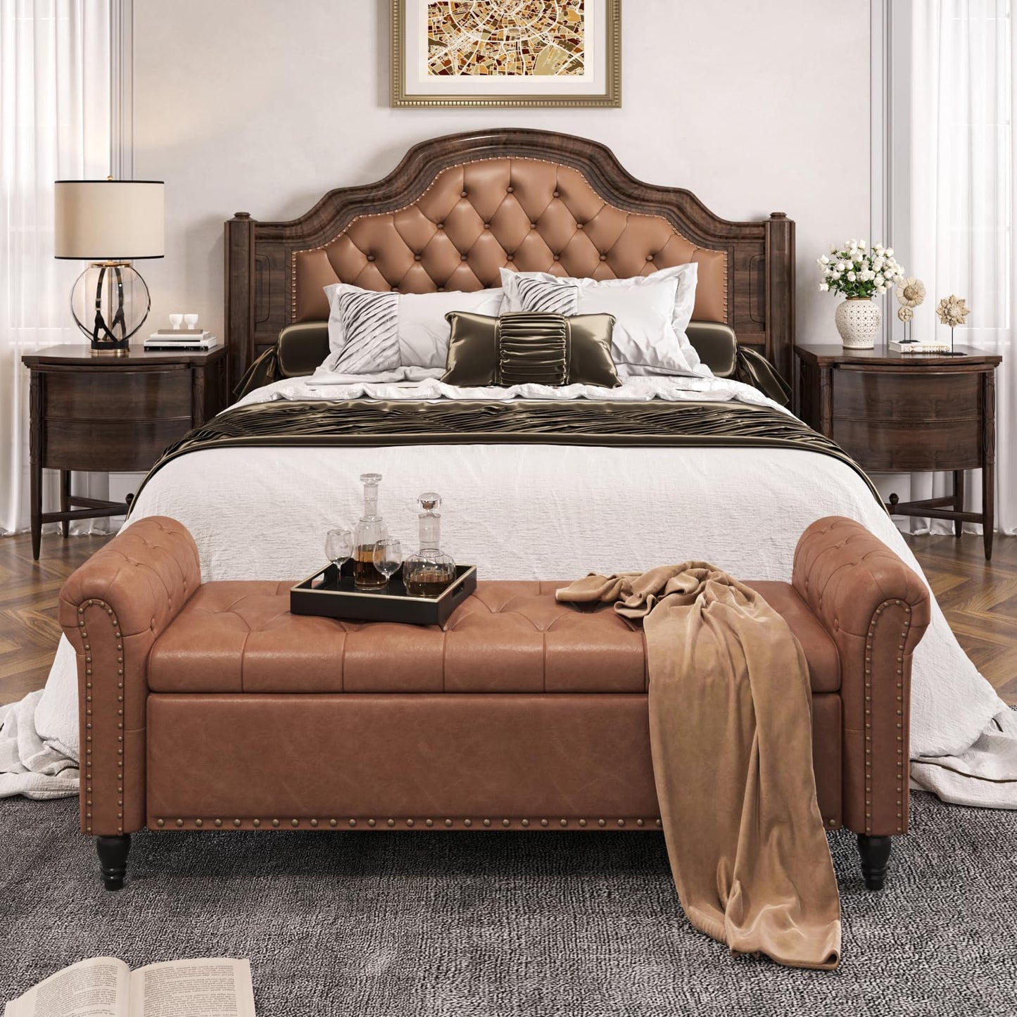 FiveWillowise 65 Inch Faux Leather Bedroom Bench with Storage
