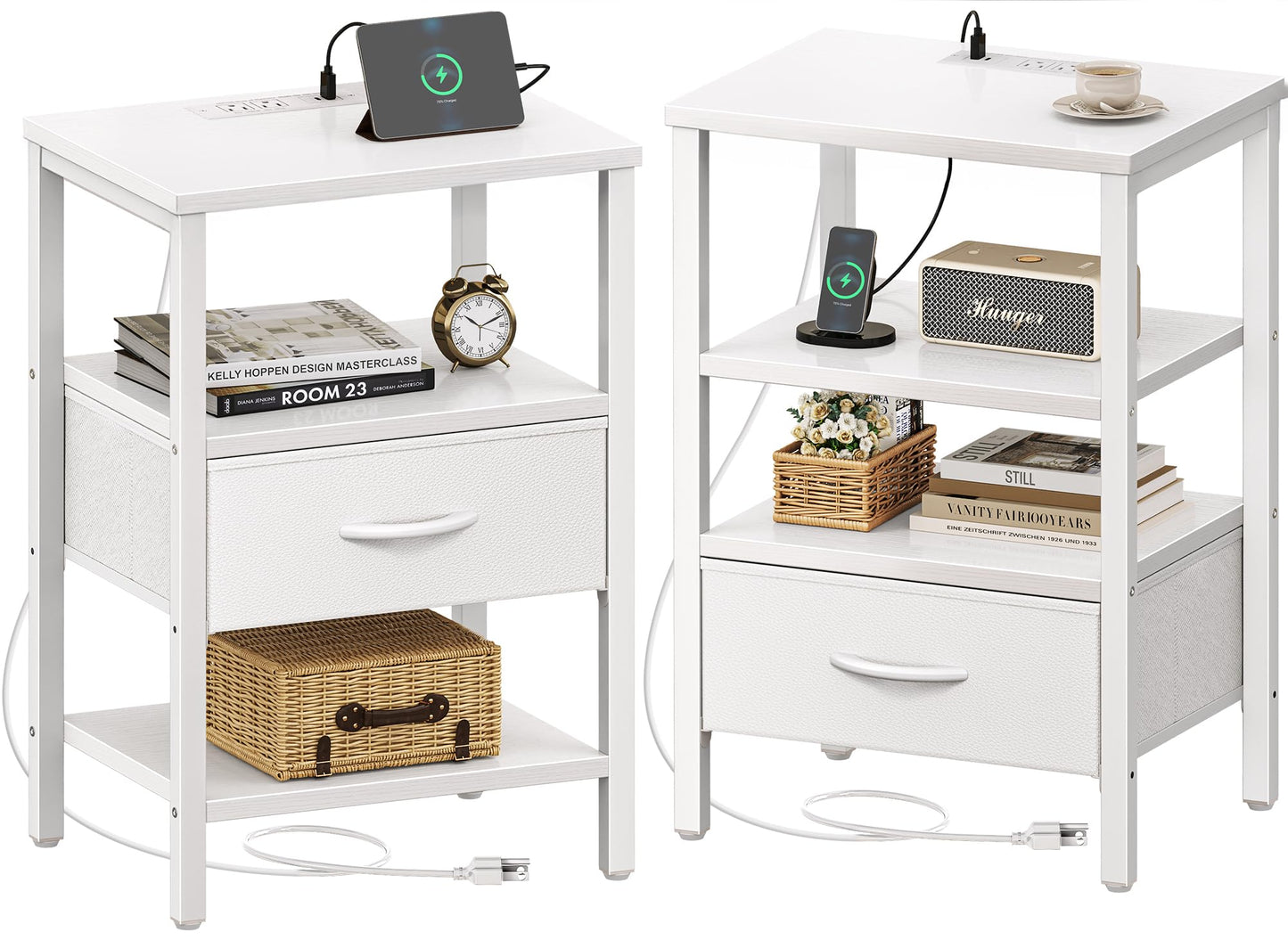 Nightstand with Charging Station and Adjustable Fabric Drawer