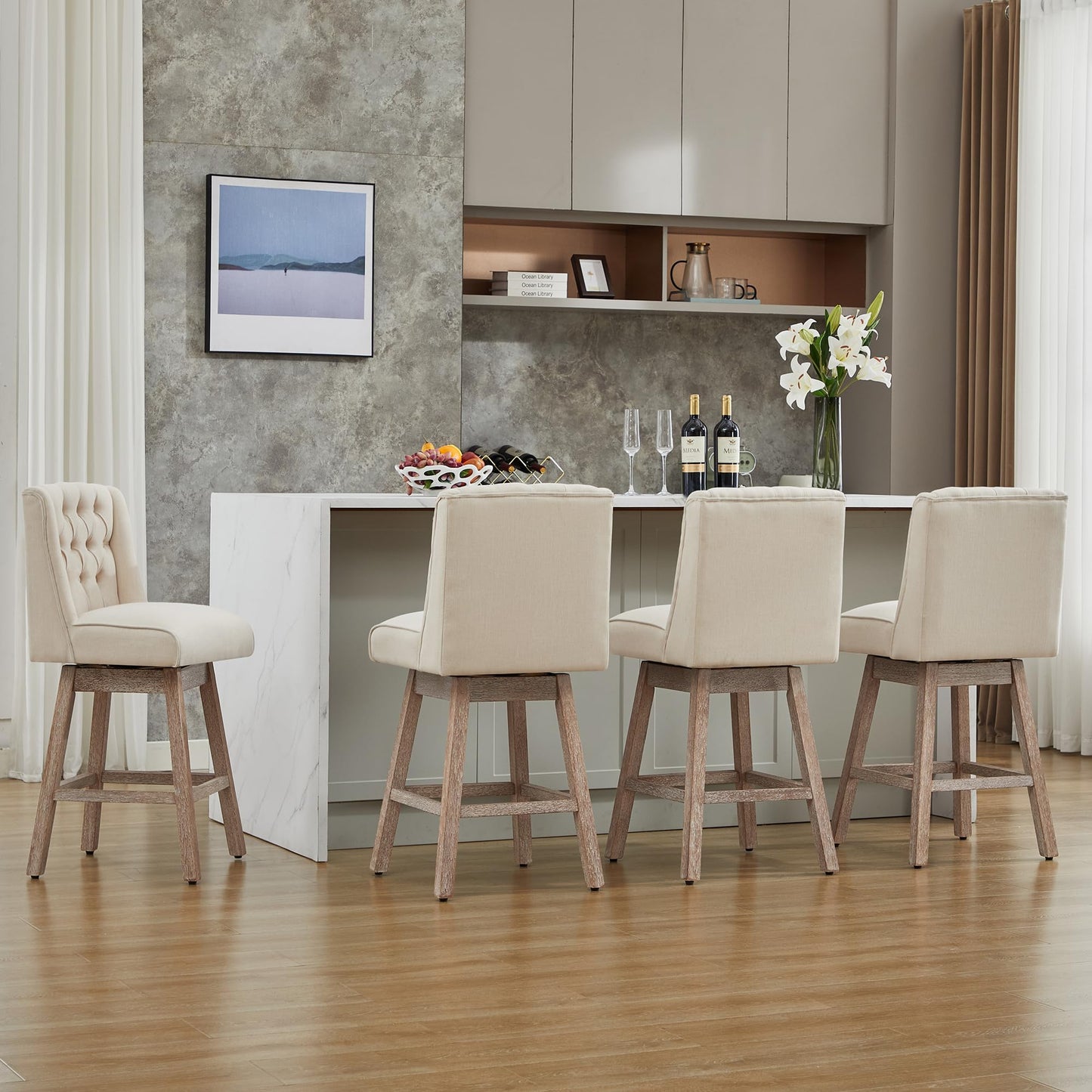 Modern Linen Upholstered Counter Height Bar Stools with Swivel & Wood Legs