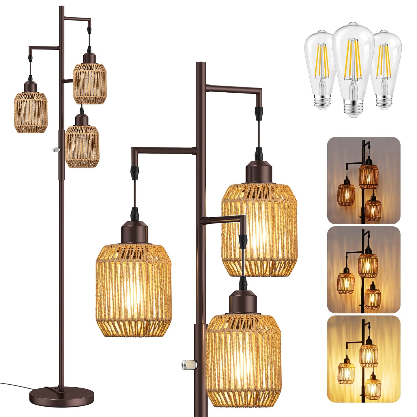 Dimmable Boho Floor Lamp with Rattan Shade for Living Room Decor