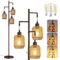 Dimmable Boho Floor Lamp with Rattan Shade for Living Room Decor