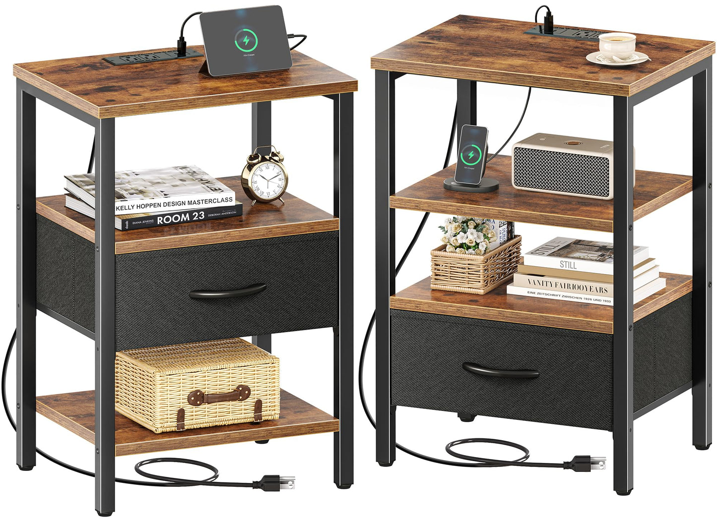 Nightstand with Charging Station and Adjustable Fabric Drawer