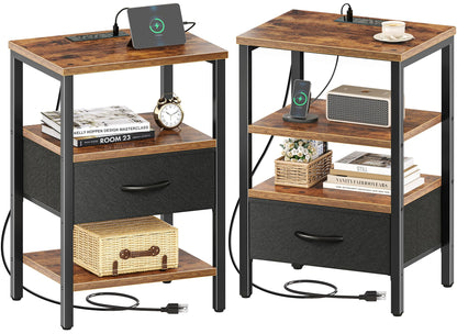 Nightstand with Charging Station and Adjustable Fabric Drawer