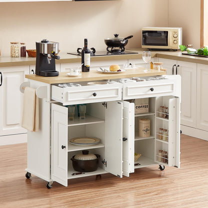 Mobile Kitchen Island Cart with Storage, Power Outlet & Spice Rack Organizer