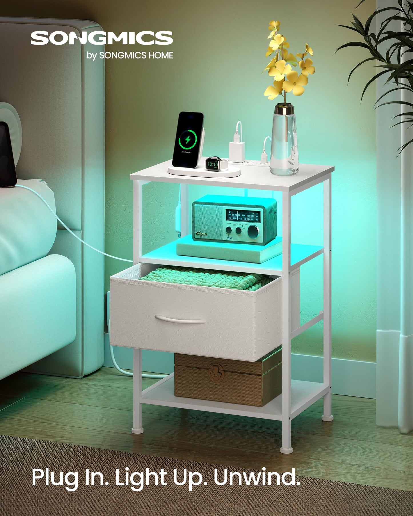 Nightstand with Charging Station and Adjustable LED Lights