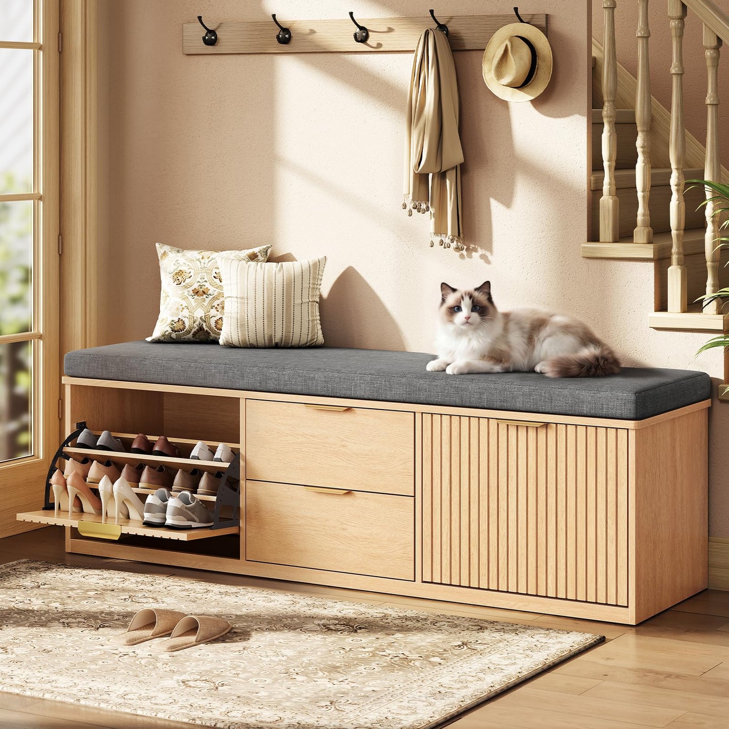 2-Tier Shoe Storage Bench with Drawer, Cushion & Adjustable Shelf for Entryway
