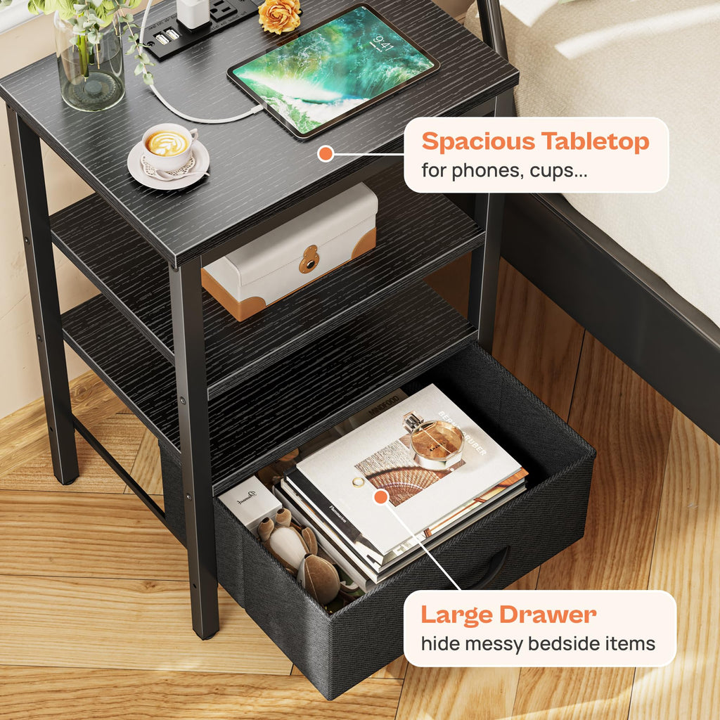 Nightstand with Charging Station and Adjustable Fabric Drawer