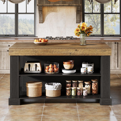 Farmhouse Kitchen Island with Storage Shelves and Large Worktop