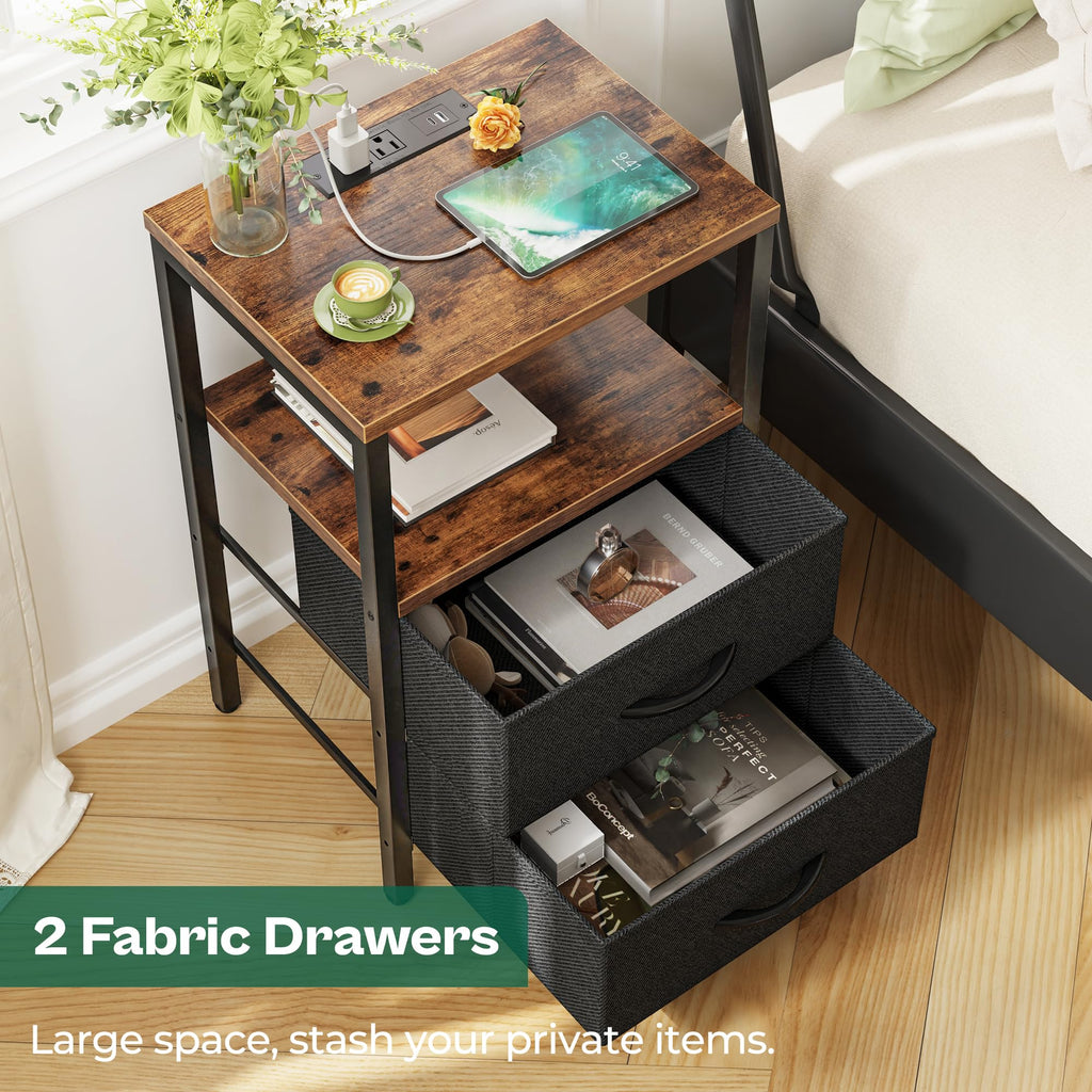 Nightstand Set with Charging Station, USB Ports & Fabric Drawers