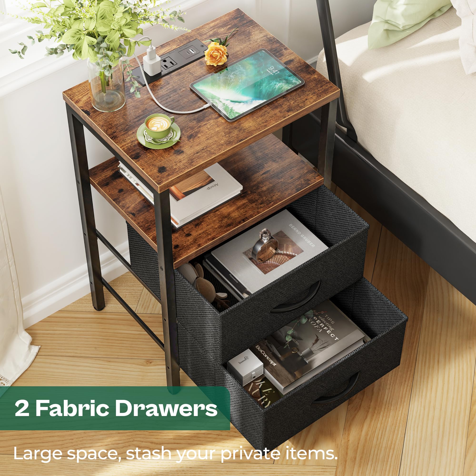 Nightstand Set with Charging Station, USB Ports & Fabric Drawers